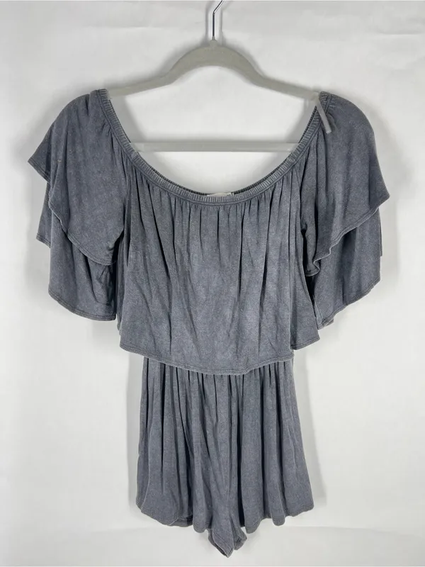 Soprano Gray Ribbed Off-Shoulder Romper‎ - Image 2