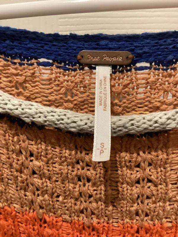 Free People Open-Knit Stripe Sweater in Coral, Navy & Light Gray - Image 3