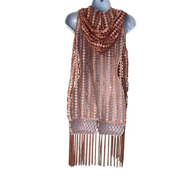 POL Duster Vest Crochet Fringe Trim Hood Size S‎ Dark Blush Pink Boho Rave Indie - Image 8