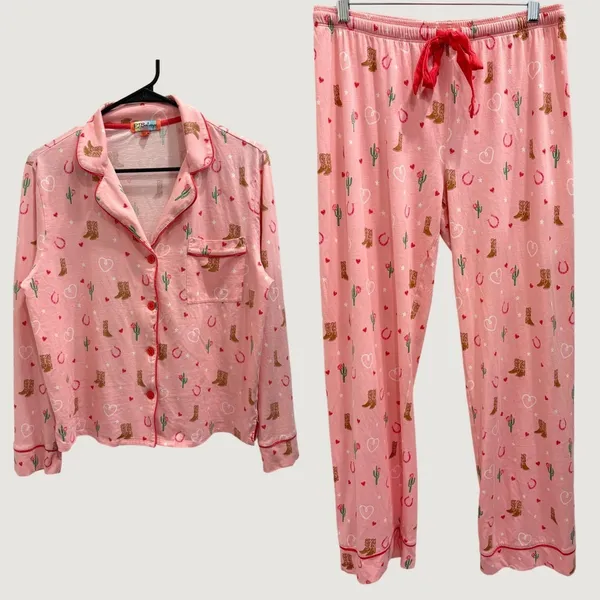 PJ Salvage Whimsy Boot Scootin Pink Pajama Set Western Cowboy Hearts Medium - Image 2