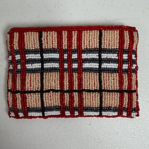 Vintage Coin Purse Plaid Beaded Red Tan White Black Zippered Card ID Pouch - Image 3