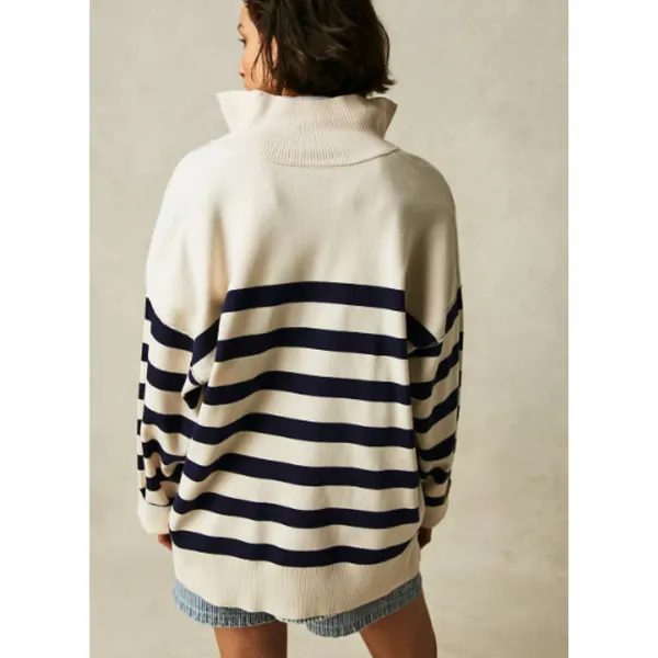 Free People Coastal Stripe Pullover Champagne Navy Combo Large - Image 2