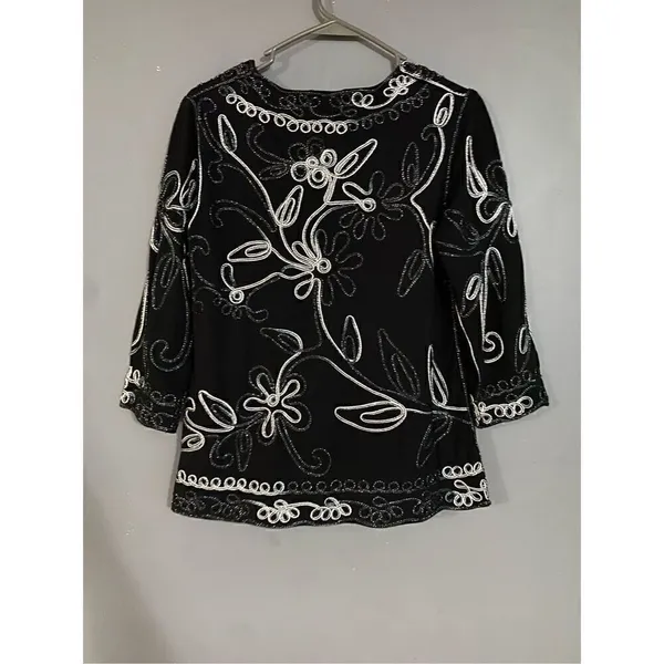 Christopher&Banks Black Sparkle Embroidered Scalloped Hem 3/4 Sleeve Top S - Image 5