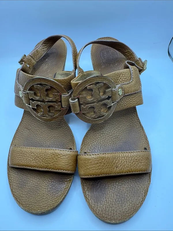 Tory Burch Amanda Brown Leather Logo Medallion Wedge Sandals Size 9.5M - Image 4