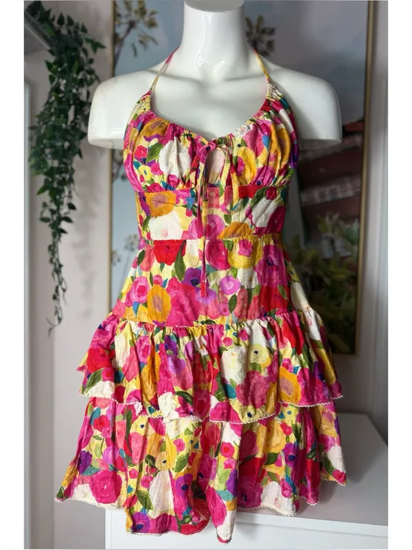 Luxxel Pink Yellow Floral Tiered Ruffle Romper Open Back Lace Up Size Medium - Image 4