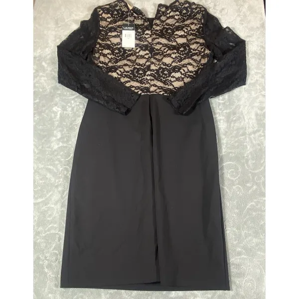 Ralph Lauren Cocktail Dress Women‎ 12 Keanu Lace Inset Long Slv Black Formal NWT - Image 5