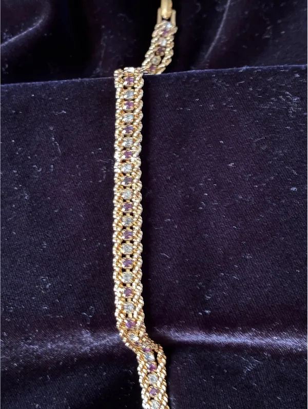Vintage Mid-Century Gold Tone Purple & Clear Rhinestone Tennis Bracelet 7" - Image 7