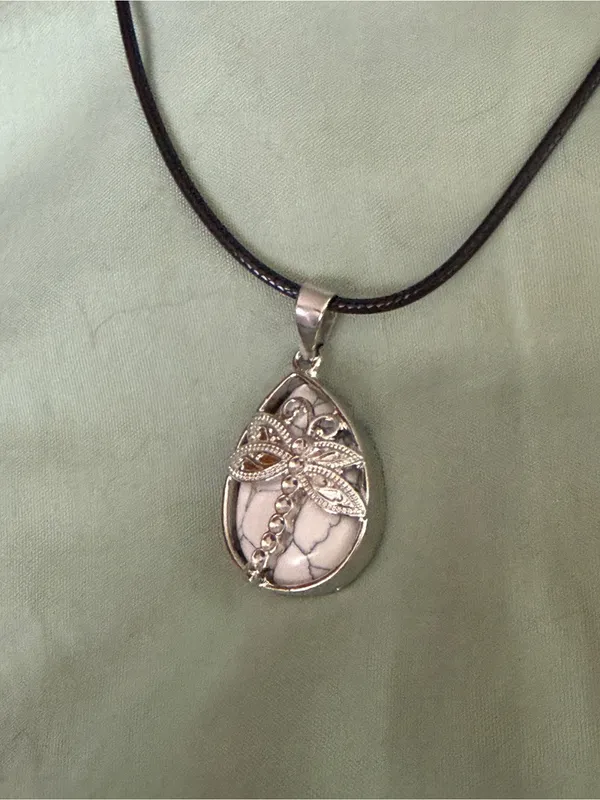 Silver Dragonfly Teardrop Pendant Necklace - Black Cord - Image 2