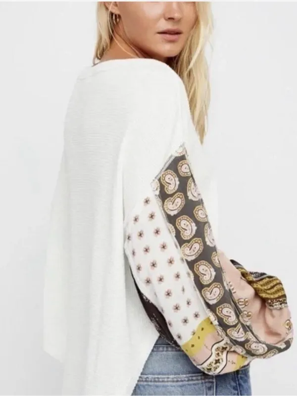 Free People We The Free Blossom Thermal Top Small Boho Patchwork Balloon Sleeve - Image 6