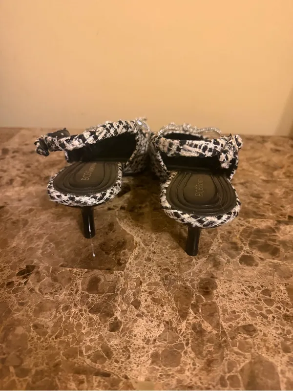 BCBGeneration Black and White Tweed Pointed Slingback Heels with Rhinestone Bow - Image 4