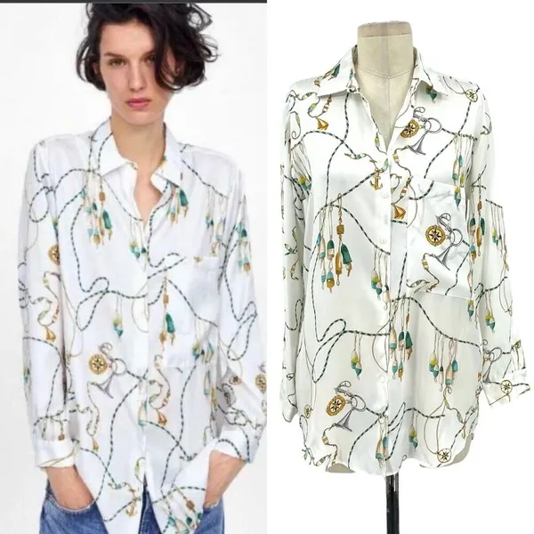 Zara Button Down Nautical Chain Printed Long Sleeve‎ Blouse White Size Small - Image 2