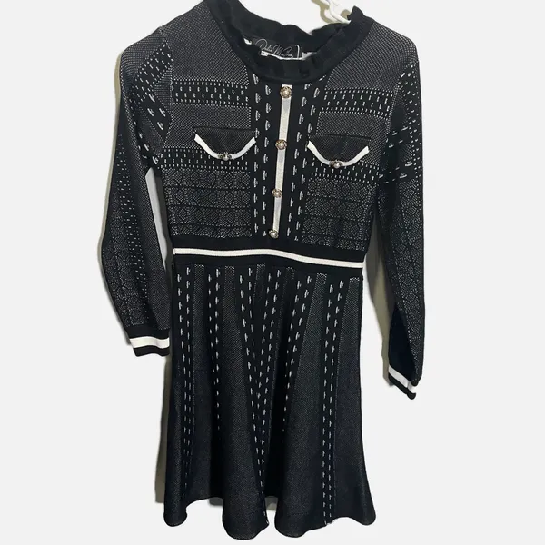 Dalia MacPhee Black‎ White Pearl Button Knit Long Sleeve Sweater Dress Large - Image 2
