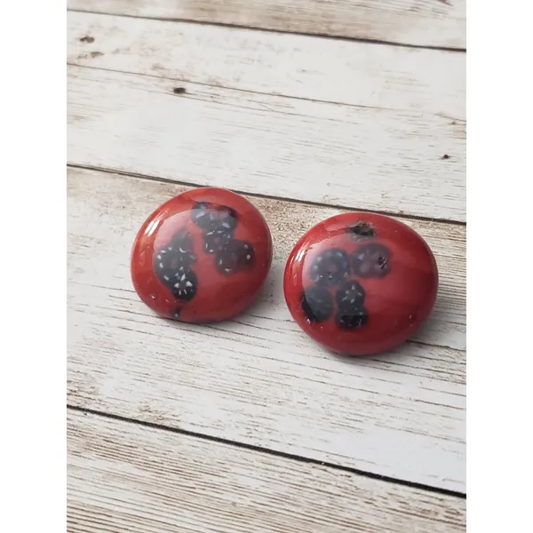 Vintage Clip On Earrings - Unusual Design Red Circular 1 & 1/8" - Image 2
