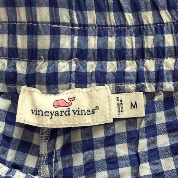 Vineyard Vines Blue and White Checkered Women's Beach Shorts with pink Trim - Image 2