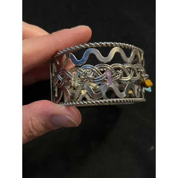 Silver tone cuff bracelet with dangle crystals chakra - Image 2