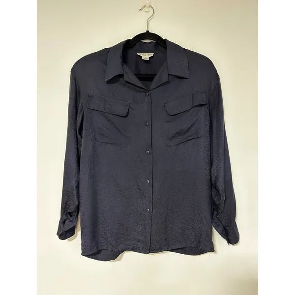 Alex & Amy Womens Navy Blue 100% Silk Jacquard Long Sleeve Button Down Blouse S - Image 4