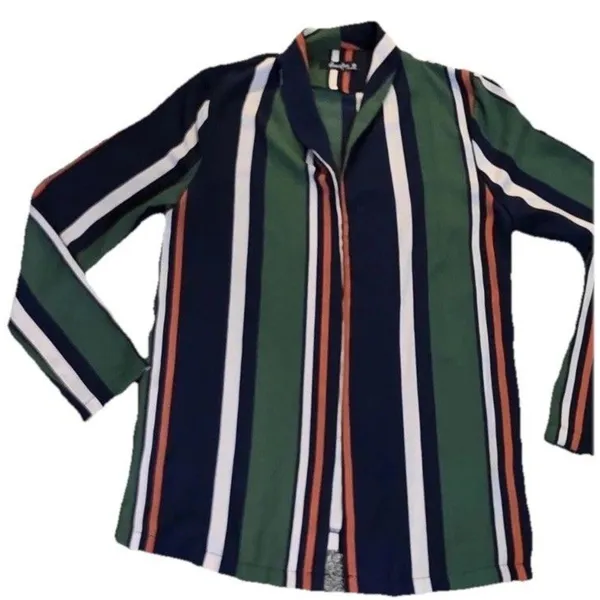 Nana Macs Women's Blue green Striped Boho Retro 90s‎ Y2K Long Sleeve Blouse Top Sz Medium - Image 2