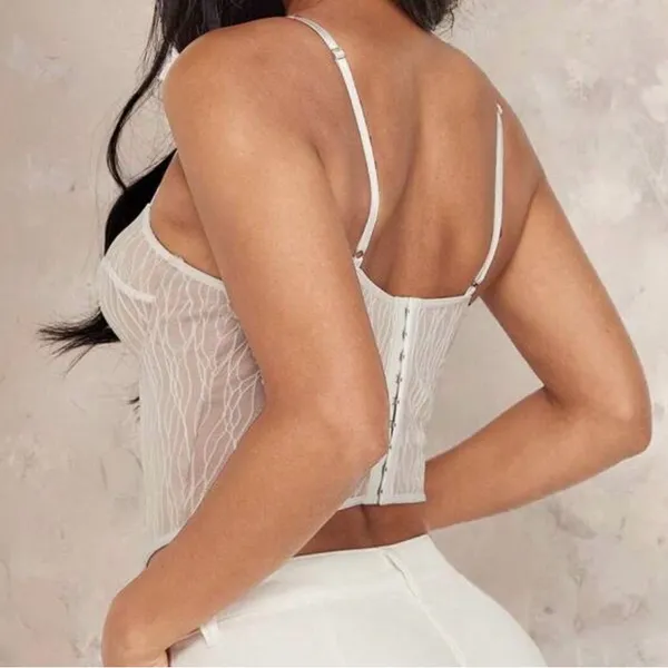 Y2K White Beige Corset Cami crop Top Coquette Backless Strap Neutral Small Chic - Image 4