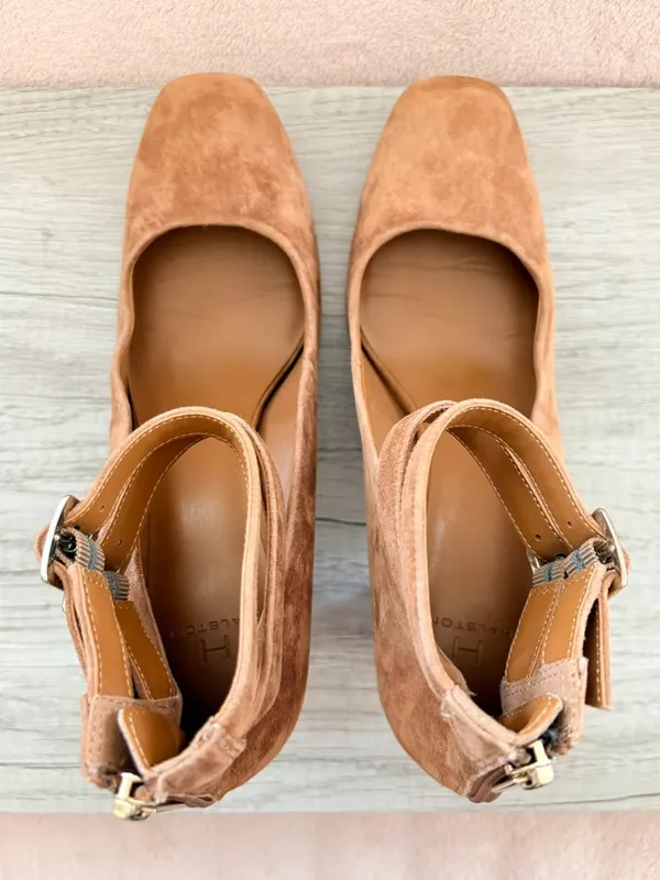 H by Halston Regina Brown Suede 3.25" Block Heel Pump Buckle Ankle Strap Zip 10 - Image 4