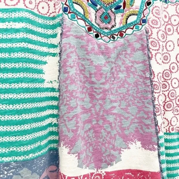Sundance World Citizen Patchwork Crochet Detail Short Sleeve Top Size Medium - Image 6