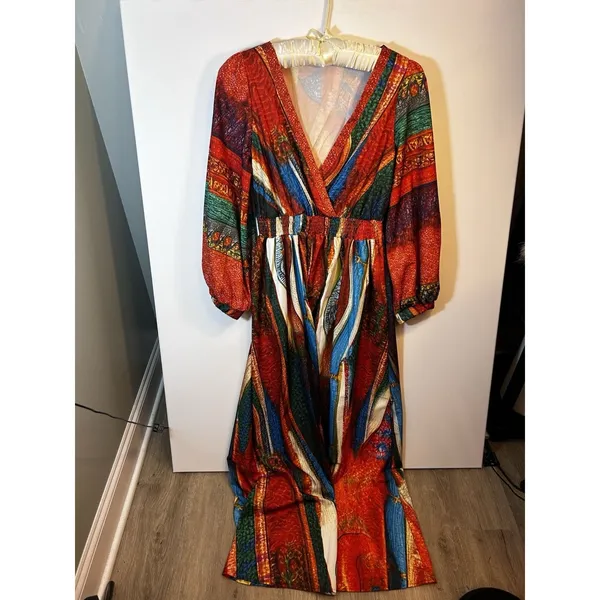 Women’s L Multicolor Abstract V-Neck Smocked Waist 3/4 Balloon Sleeve Maxi - Image 12