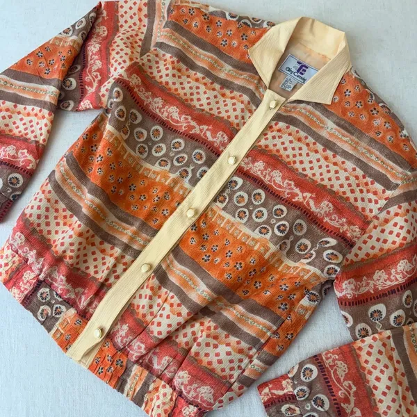 Oleg Cassini Vintage Silk Bomber Jacket Orange Geometric‎ Floral Print Small - Image 14