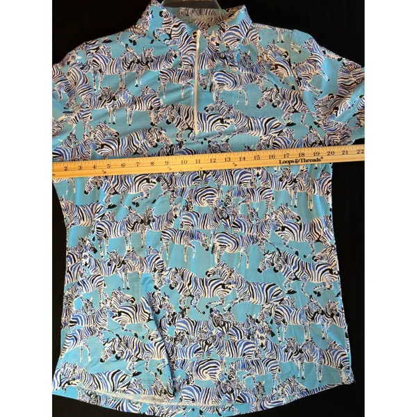 IBKUL Womens Zebra Print Quarter Zip Sun Shirt Blue White Short Sleeve Large - Image 4