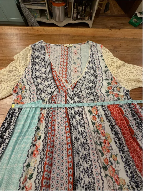 Kori America Patchwork Boho Dress Lace Sleeve Floral Mix Print V-Neck Sz L S7003 - Image 10
