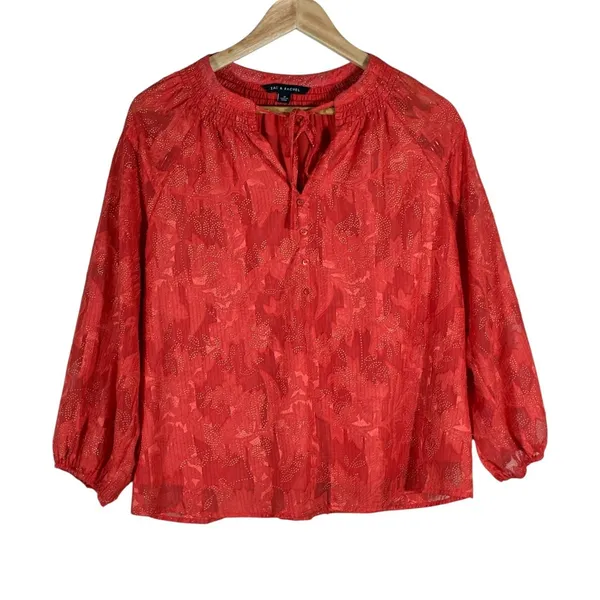 Zac & Rachel Peasant‎ Floral Jacquard Blouse Red Boho Smocked Metallic Size M - Image 2