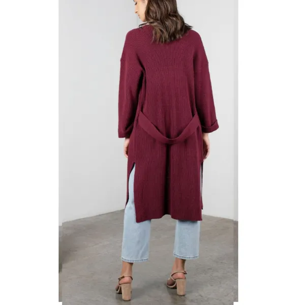 MOD REF Duster Cardigan Women M Gray Ribbed Knit Belted Sweater TR2109-A - Image 7