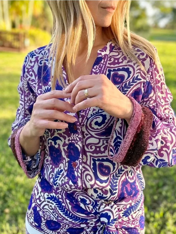 NWT! Zara Purple and White Paisley Button-Front Blouse Size S - Image 2