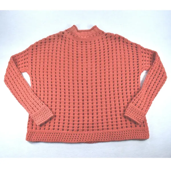 Free People Womens Burnt Orange Open Knit Cable Mock Neck Pullover Sweater - Image 2