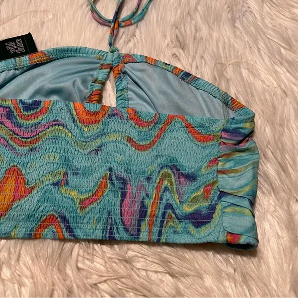 Wild Fable Women's Size XS Swirl Marble Halter Crop Top Aqua Blue Woven Smocked - Image 8