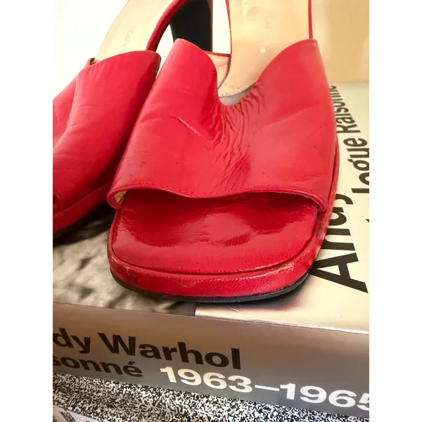 Vintage David Aaron Red Leather Slide Mule Heels Y2K Open Toe Pumps Size 8 - Image 5