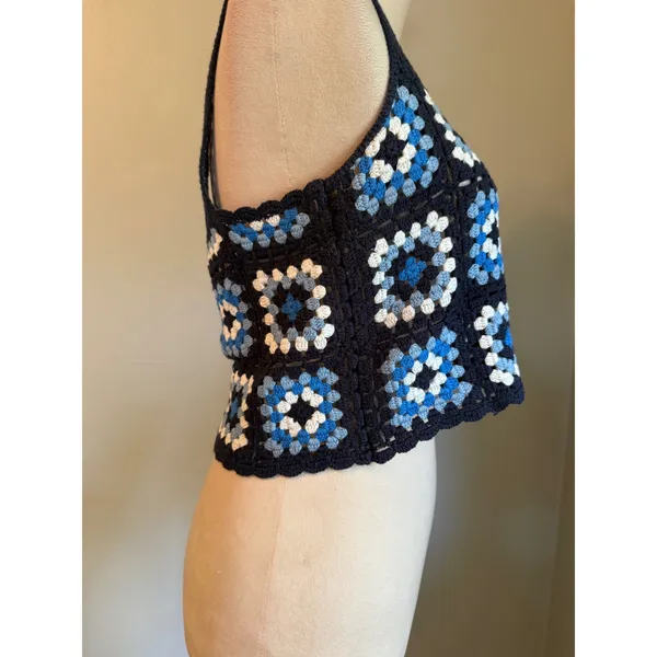Sincerely Jules Y2K Crochet Granny Square Crop Top Navy Blue White boho small boho whimsigoth re - Image 2