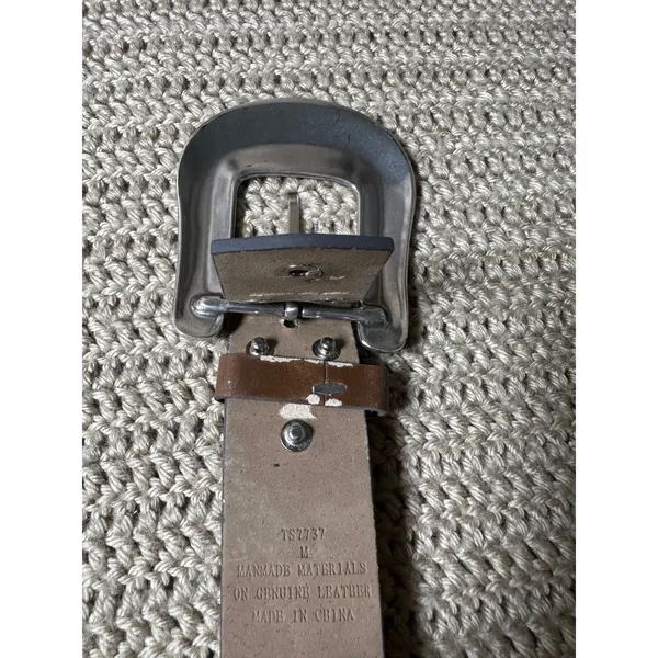 Western Brown Leather Rhinestone Studded Belt Medium Floral Engraved Buckle - Image 6
