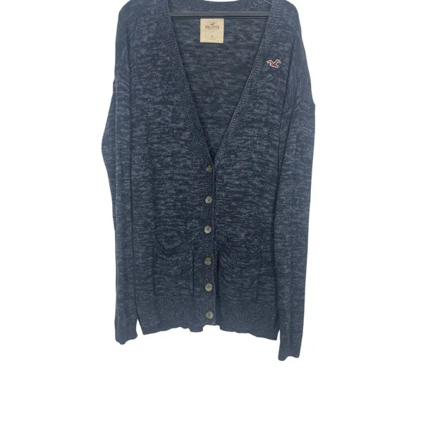 Hollister Navy Knit Cardigan Button Up Logo V-neck Sweater S Granpacore Cozy - Image 3