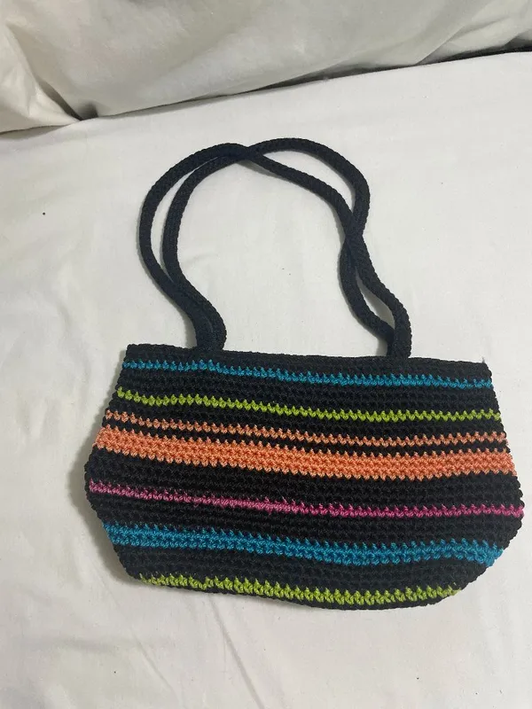 The Sak Crochet Knit Shoulder Bag Black Multicolor Striped Zip Boho Handbag - Image 2