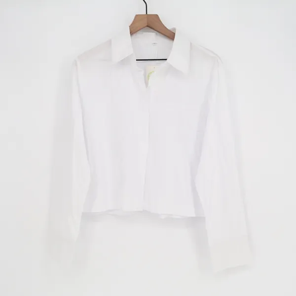 White Cropped Long Sleeve Button Up Shirt Collared Cotton Rayon Blend Large - Image 2