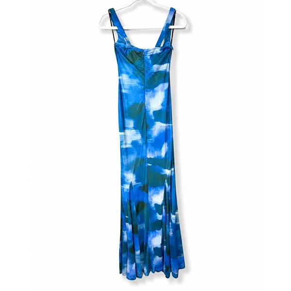 NEW Lulus Zemina Blue Abstract Godet Watercolor Pleated Mermaid Maxi Dress XS - Image 8