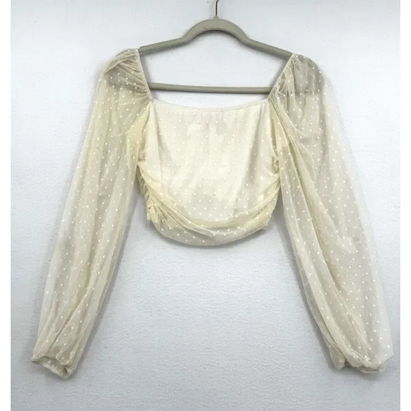 Blue Blush Coquette Crop Top Y2K Romantic Ivory Swiss Dot Mesh Beige Fairycore M - Image 2