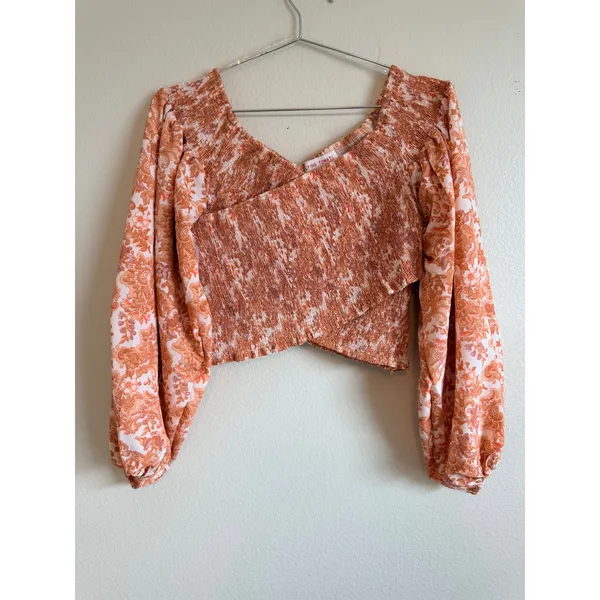 Flying Tomato Crop Top Womens Large Orange‎ Paisley Smocked Balloon Sleeve - Image 3