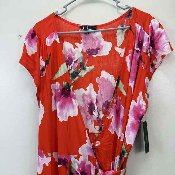 NWT Lulus Have Love Will Travel Coral Red Floral Gauze‎ Wrap Midi Dress Size XL - Image 5