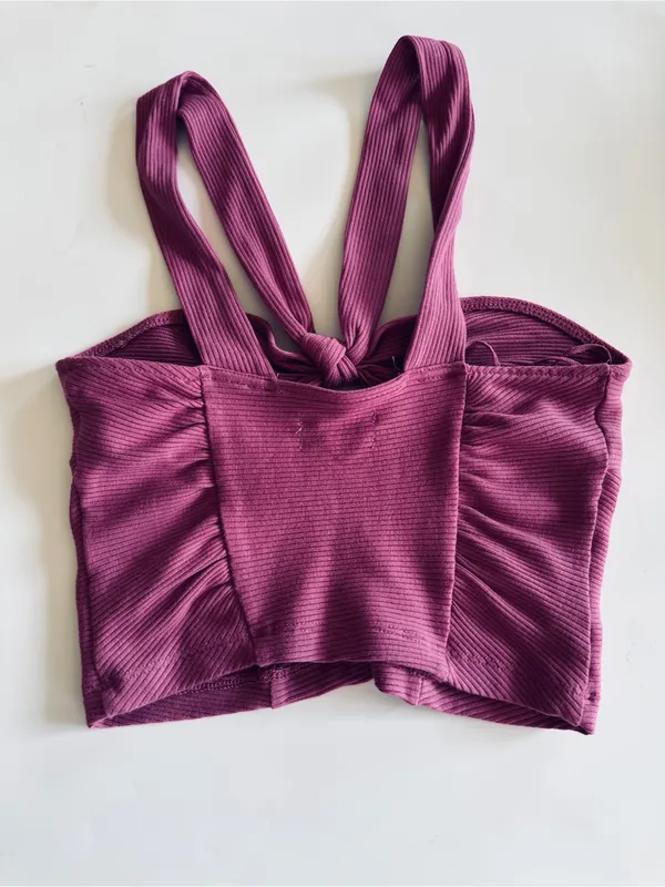 Urban Outfitters Ribbed Knot-Front Crop Top in Berry Size Medium - Image 2