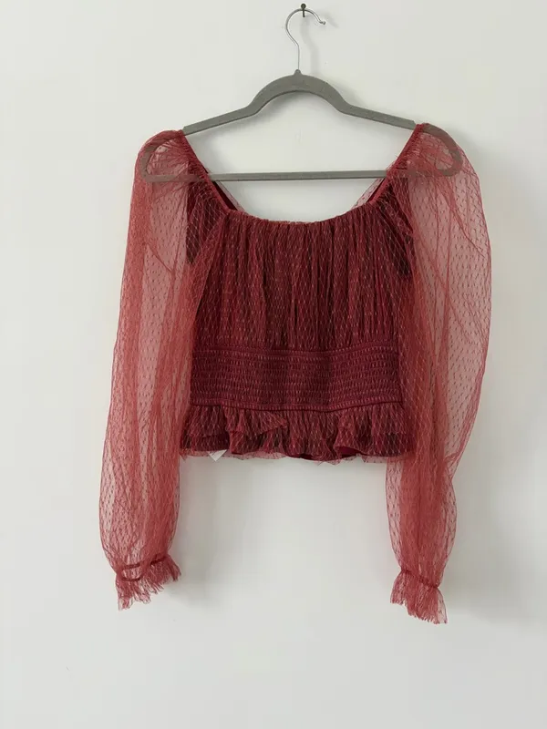 Anthropologie Tulle V Neck Blouse Bordeaux Red Sheer Smocked Peplum Top XS - Image 7