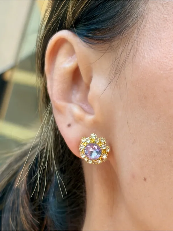 New S925 Silver Post Purple Round Crystal Sunflower Stud Earrings - Image 7