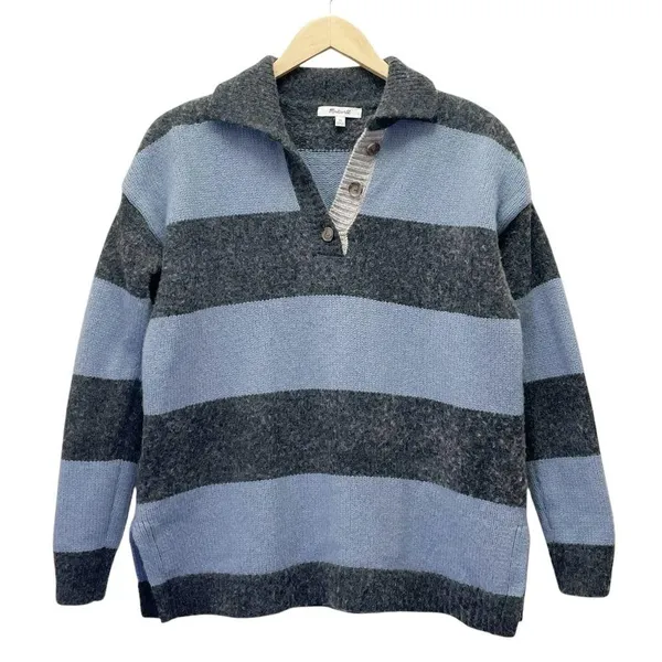 Madewell Rugby Stripe Polo Sweater Charcoal Gray & Blue Stripe Pullover Size XS - Image 10