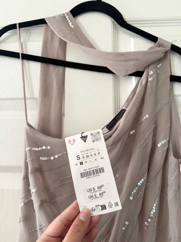 BNWT Zara Stone Grey Sequin Beaded Foulard Scarf Mini Dress - Image 12