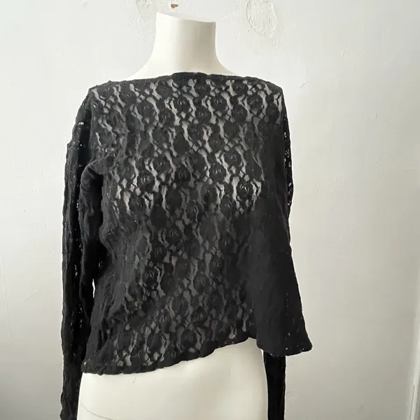 Womens Dark Romantic Sheer Lace Top L Black Long Sleeve Grunge Witchy Goth Punk - Image 2