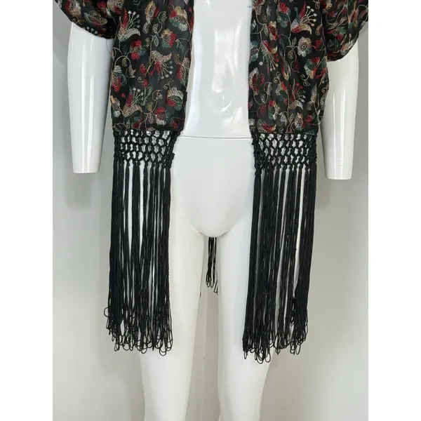 Forever 21 Women’s Sheer Kimono Cardigan Black Embroidered Fringe Boho Festival Size S - Image 6